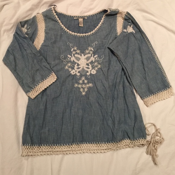 Crochet, embroidered denim Lucky Brand top