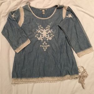 Crochet, embroidered denim Lucky Brand top