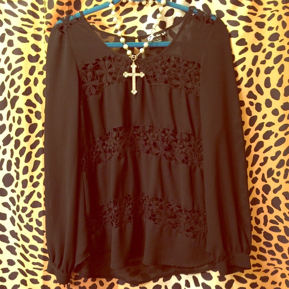 Black floral crochet and sheer top