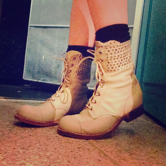 Cream leather studded boots
