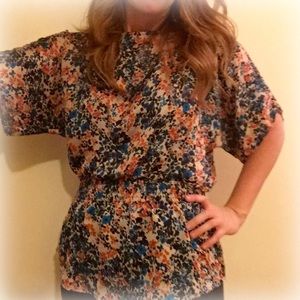 Navy Blue, Orange and Cream 3/4 Sleeve Blouse