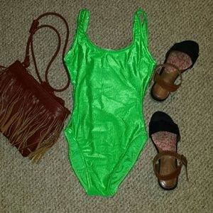 Bright neon green one piece bikini bodysuit