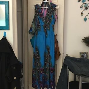 Slinky peacock cruise wear maxi dress