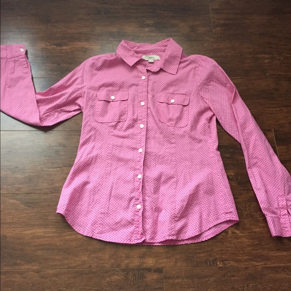 Ann Taylor - Pink & Navy micro polka dot button up