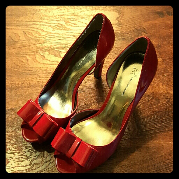 INC Red Patent Leather Bow Peep Toe Heels