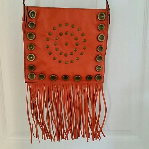 Orange leather fringe boho bag