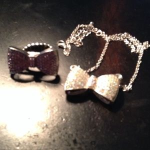 Multicolor silver bow necklace w purple bow ring