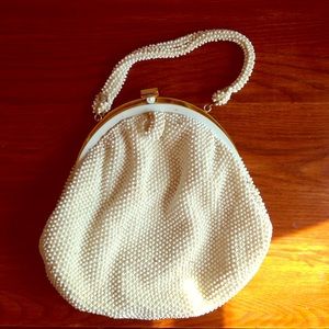 Vintage White Corde-Bead Purse with mirror