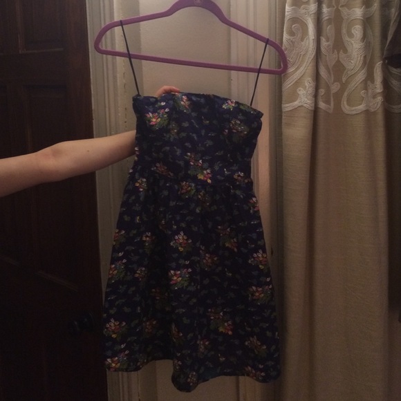 Strapless dark blue floral mini dress