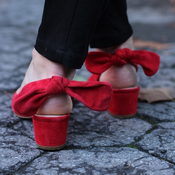 Red suede bow back heels