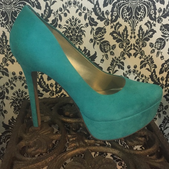 Turquoise Platform Suede Pumps.