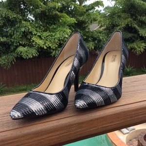 MK Black & Silver Sequined Striped Pumps