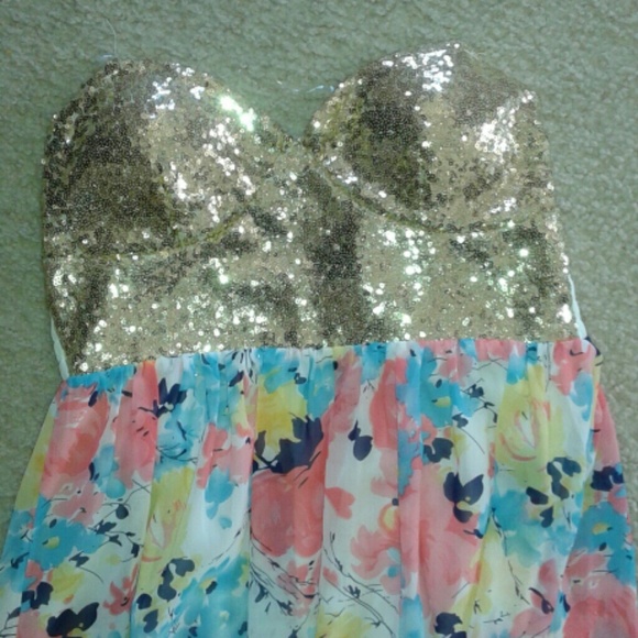 Gold sequins and floral print dress