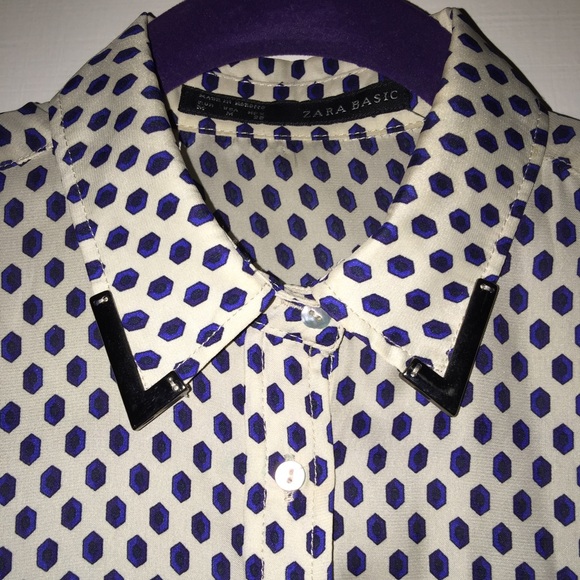 Zara Geometric Print Blouse with Metal Tab Collar