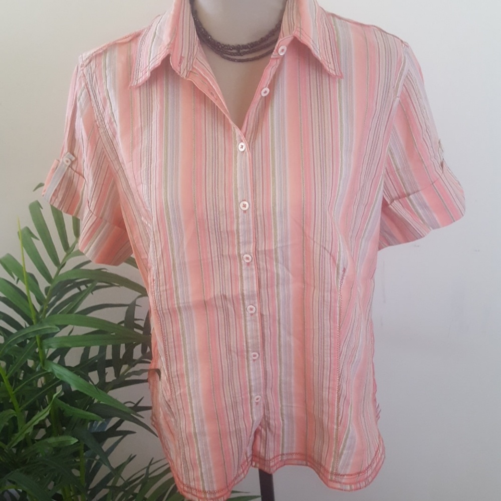 Nadine H. Striped Short Sleeves Button down Orange Top. L