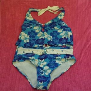 Bathing suit 2 piece blue and white flowers