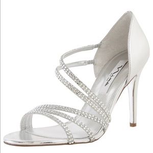 Silver pumps with rhinestone straps 4" wedding