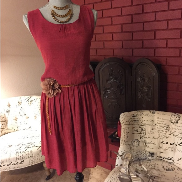 Ladies casual linen dress brick red
