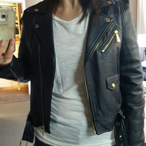 Like new navy blue leather jacket w/ gold hardware
