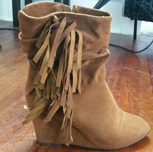 Suede Fringe wedge booties