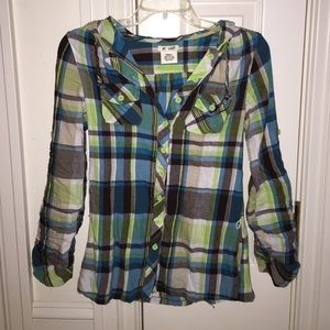 Blue, green, and brown flannel shirt