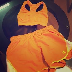 Running shorts and sports bra