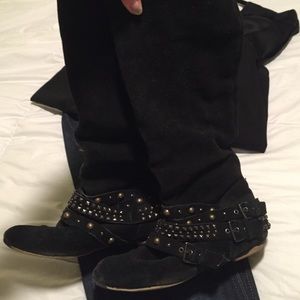 Suede slouchy boots studded buckle straps