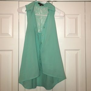 Turquoise button up, high-low tunic top