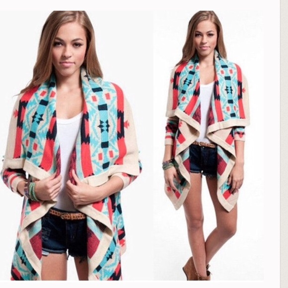 Aztec tribal print drape waterfall cardigan