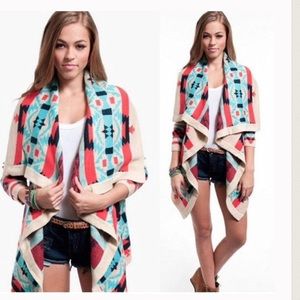 Aztec tribal print drape waterfall cardigan