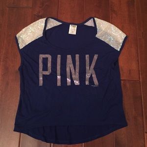 Pink navy high low sequence tee size xs.
