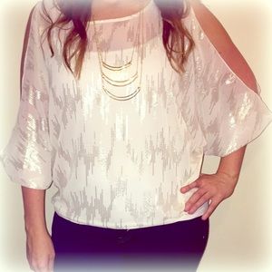 Open Shoulder Sequin Cream&Gold 3/4 Sleeve Blouse