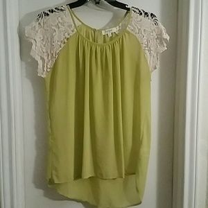 Yellow shirt with laced shoulders.