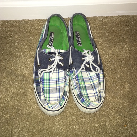 Navy and green plaid Sperrys