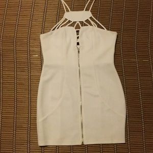 Zipper front white fitted dress