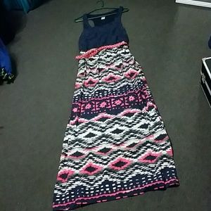 Summer maxi dress dark blue, coral, tan, green