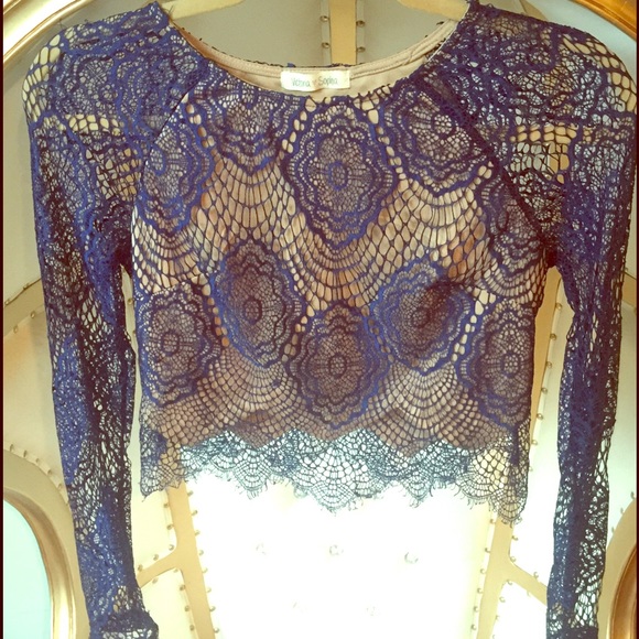 Navy and Nude Long Sleeve Lace Crop