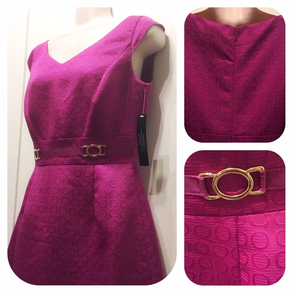 TAHARI Textured Magenta V-neck Fit & Flare Dress - Picture 2 of 2