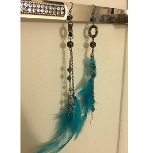 Long chain feather and rhinestone earrings