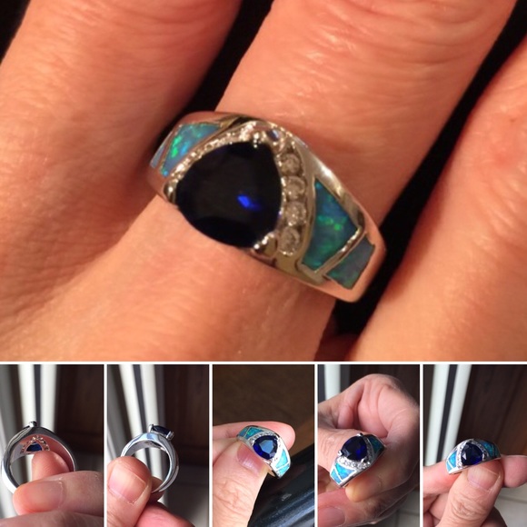 .925 Sterling Silver Sapphire & Opal Inlay ring