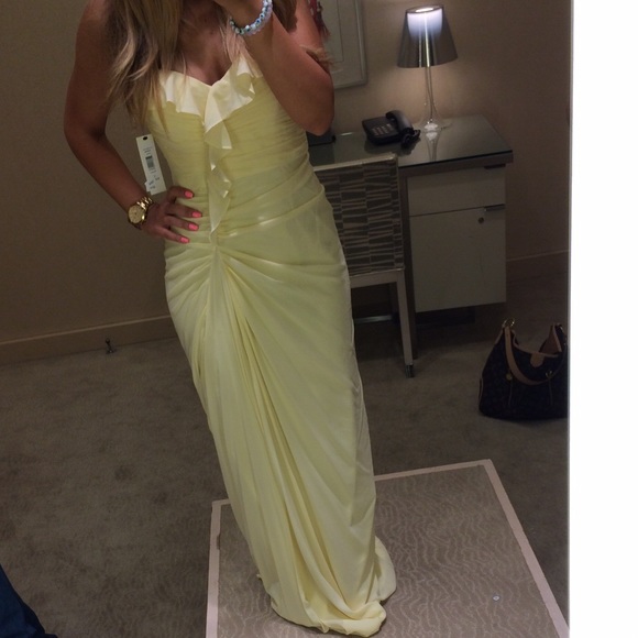 Badgley Mischka collection ruffle gown in yellow