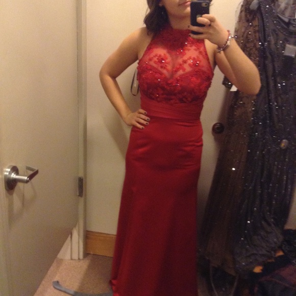Illusion Top Beaded Red Prom Dress