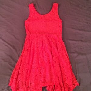 Espresso Hot Coral Lace Handkerchief-Hem Dress