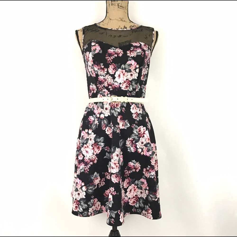 Xhilaration Black and pink Floral or Flower Dress