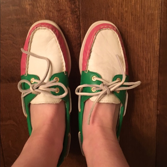 Super cute pink, white, and green Sperries!