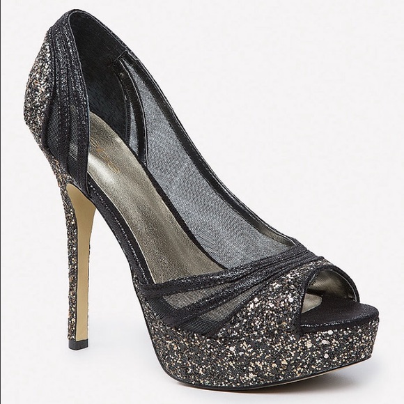 Bebe Black & Gold sparkling heels used 1 nite EEUC - Picture 2 of 3