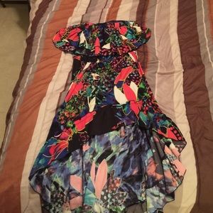 High low tropical strapless dress
