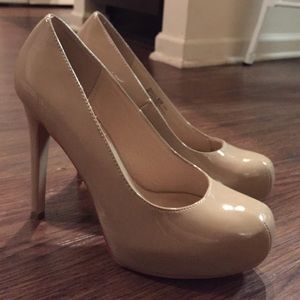 Nude patent pumps Chinese laundry whistle heels.