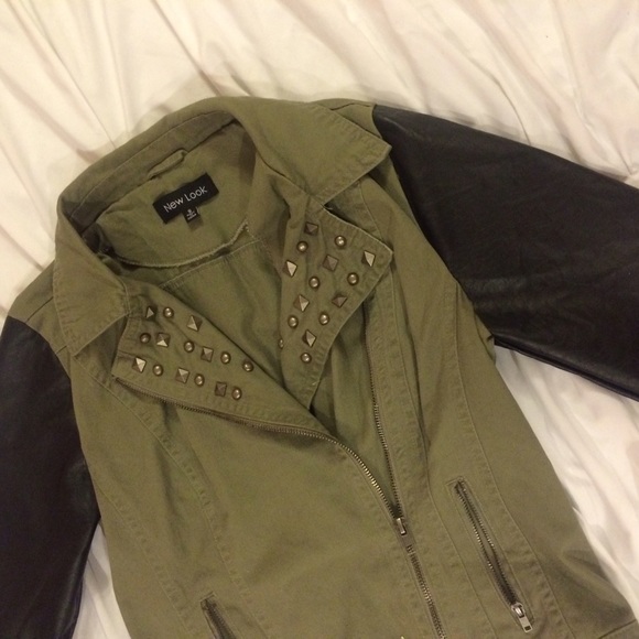Jackets & Blazers - Army green jacket w/ vegan leather sleeves & studs