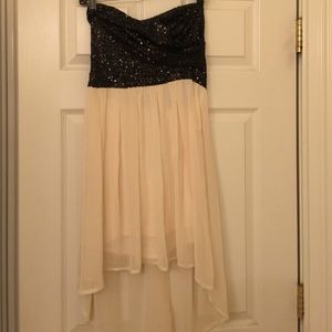 Black sequin &white sheer strapless high low dress